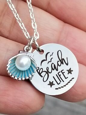 Beach Life Necklace, Pearl Seashell Necklace, Ocean, Beach Jewelry, Vacation